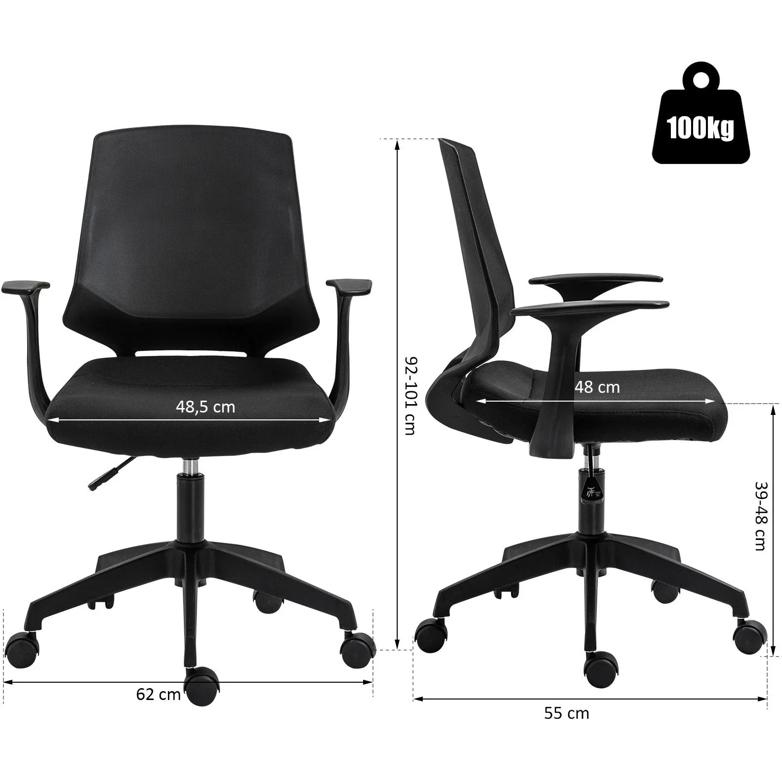 Drehstuhl Bürostuhl Schreibtischstuhl rollbar höhenverstellbar ergonomisch gepolstert Schwarz 62 x 55 x (92 101) cm - 1