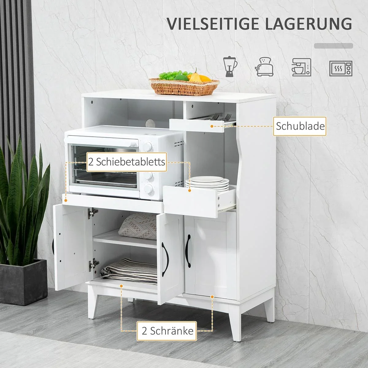 Küchenschrank Sideboard Aufbewahrungsschrank modern elegant mit 2 Schubladen und Glastüren für Esszimmer Wohnzimmer MDF - 2