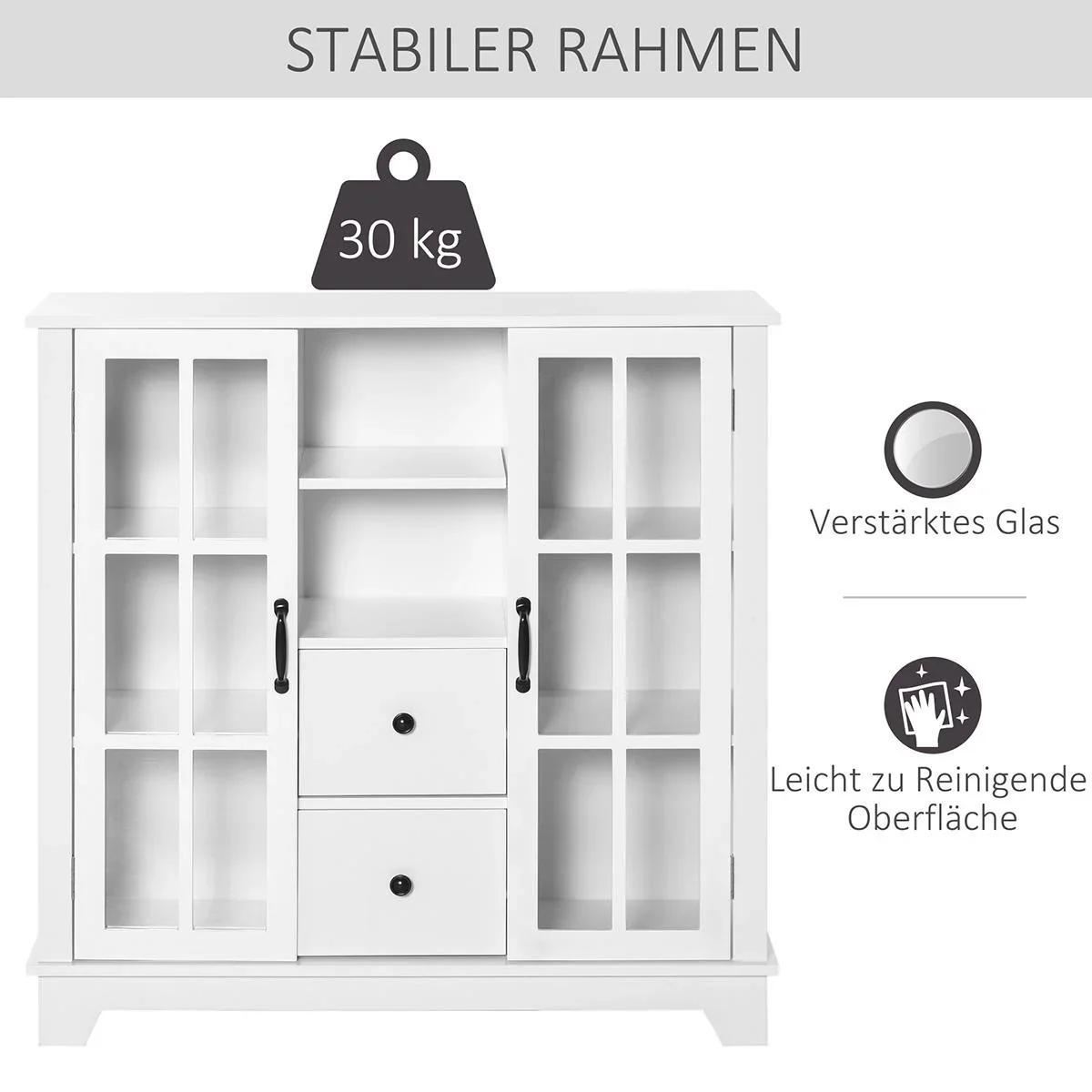 Küchenschrank Sideboard Aufbewahrungsschrank modern elegant mit 2 Schubladen und Glastüren für Esszimmer Wohnzimmer MDF - 3
