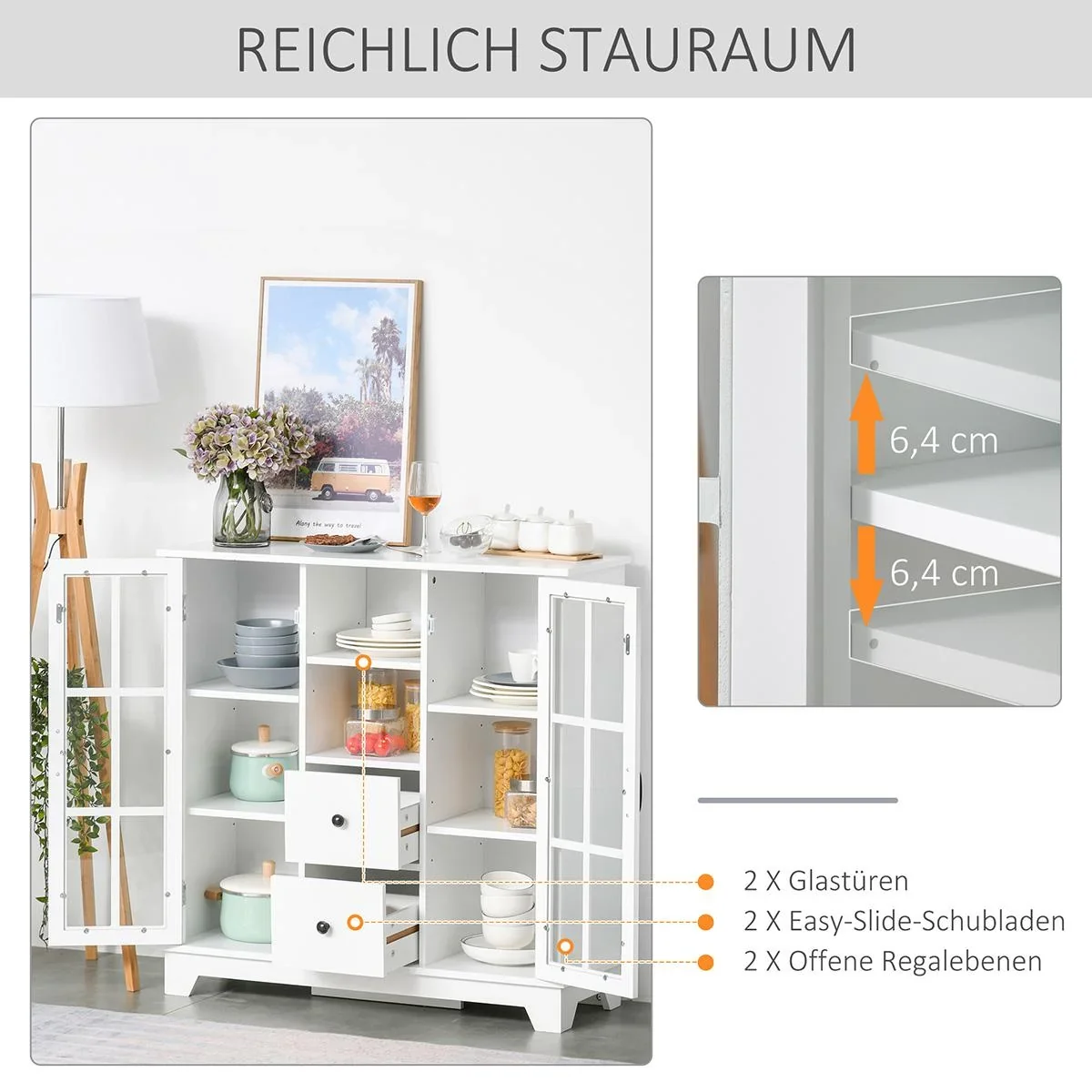 Küchenschrank Sideboard Aufbewahrungsschrank modern elegant mit 2 Schubladen und Glastüren für Esszimmer Wohnzimmer MDF - 4