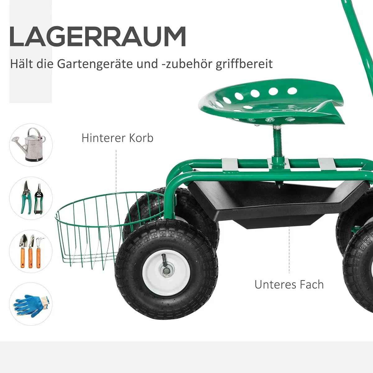 Gartenwagen mit Rollsitz bis 150 kg mit Ablage Korb für kleine Gartengeräte Werkstattwagen fahrbar Gartensitz Richtung s - 0