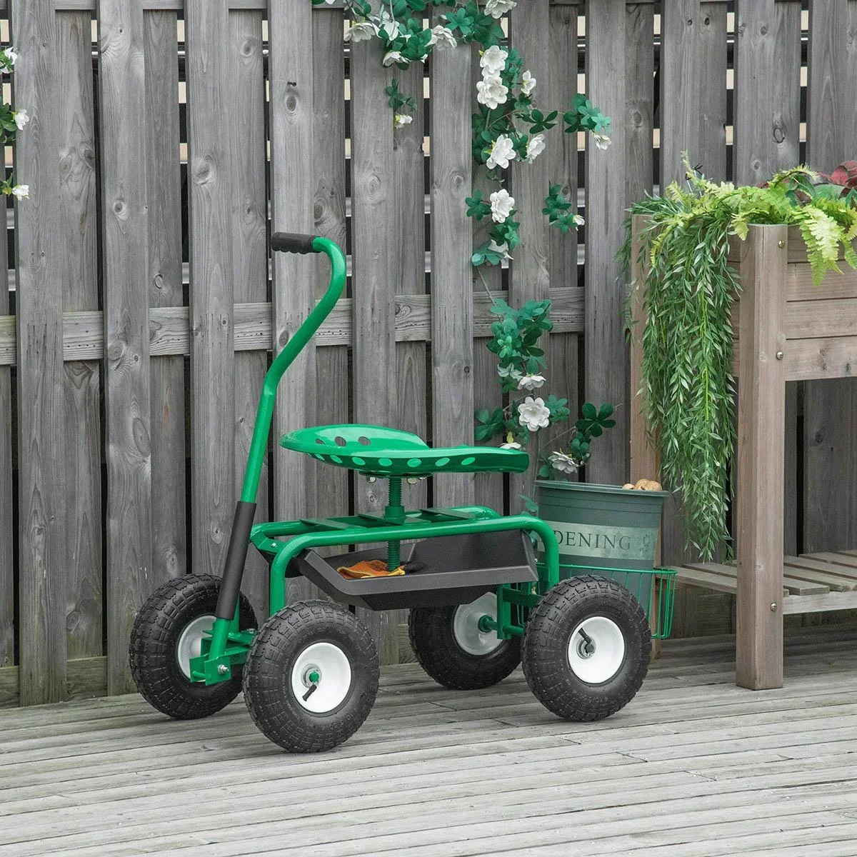 Gartenwagen mit Rollsitz bis 150 kg mit Ablage Korb für kleine Gartengeräte Werkstattwagen fahrbar Gartensitz Richtung s - 1