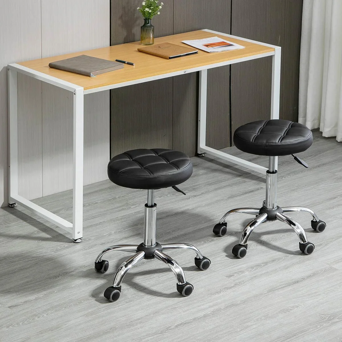 2er-Set Rollhocker Drehhocker mit Rädern Arbeitshocker höhenverstellbar drehbar Salon Hocker Salonstühle Kunstleder Schw - 0