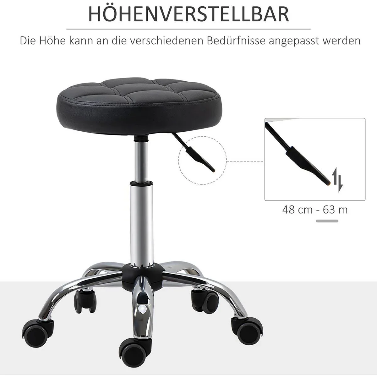 2er-Set Rollhocker Drehhocker mit Rädern Arbeitshocker höhenverstellbar drehbar Salon Hocker Salonstühle Kunstleder Schw - 2