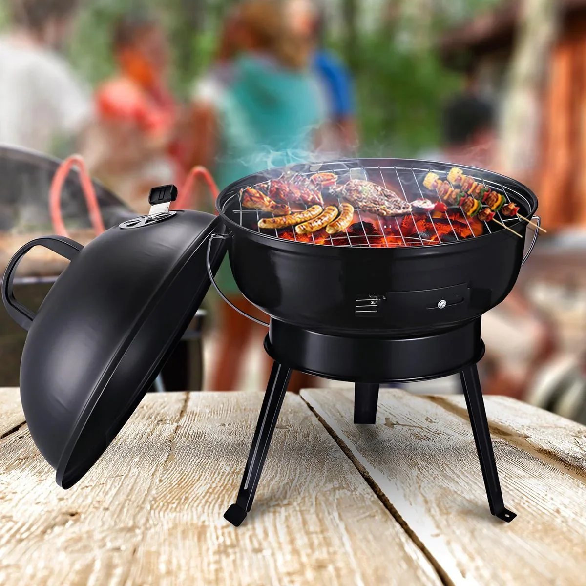 Kugelgrill Holzkohlegril Windschutz Dreibeinfuß Camping Picknick tragbar Metall Schwarz Ø36,5 x 54 cm Holzkohlegrill Gri - 0