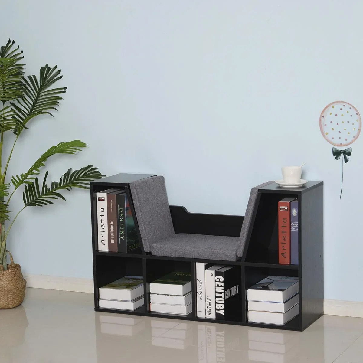 Bücherregal mit Sitzhocker Sitzbank Sitzbänke & -truhen mit 6 Stauräumen für Aufbewahrung Sitzbar mit Kissen Spanplatte - 0