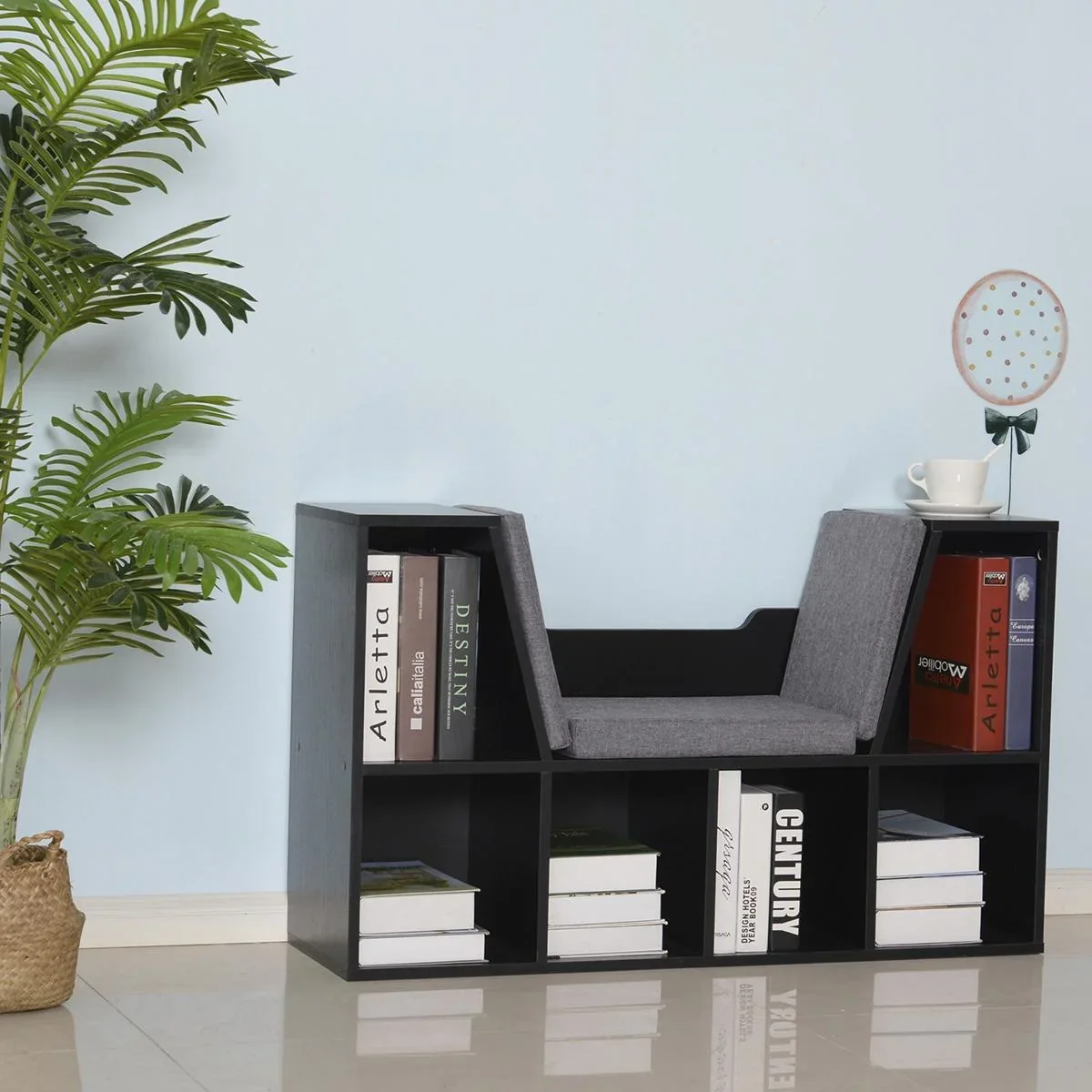 Bücherregal mit Sitzhocker Sitzbank Sitzbänke & -truhen mit 6 Stauräumen für Aufbewahrung Sitzbar mit Kissen Spanplatte - 1