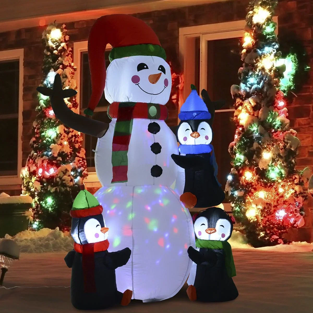 Aufblasbarer LED Schneemann mit 3 Pinguinen bunt - 1