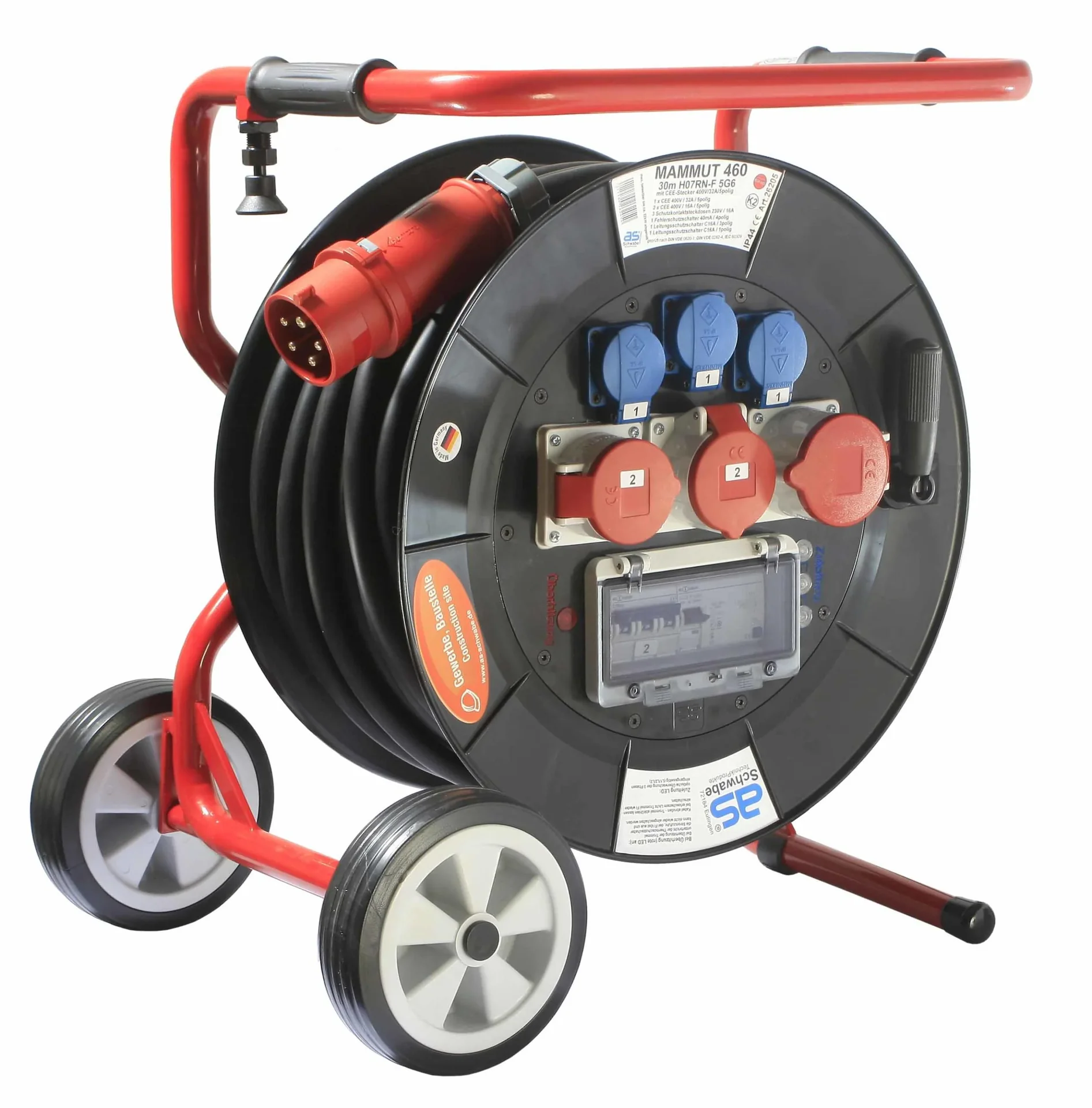 Profi-Trommel Mammut 460 Version 6, 30m, 3 Steckdosen 230V, 2+1-CEE Steckdosen, mit klappbarem Fußgestell - 0