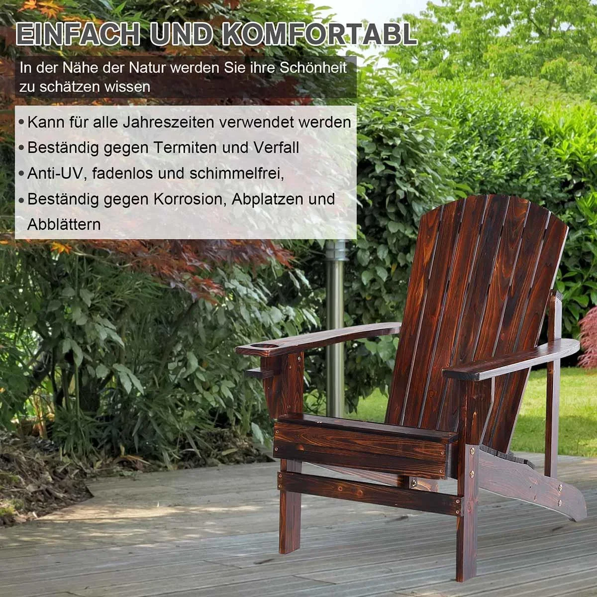 Adirondack-Gartenstuhl mit Becherhalter Gartenliege Balkonstuhl Massivholz Verkohlt 97 x 72,5 x 93 cm - 2