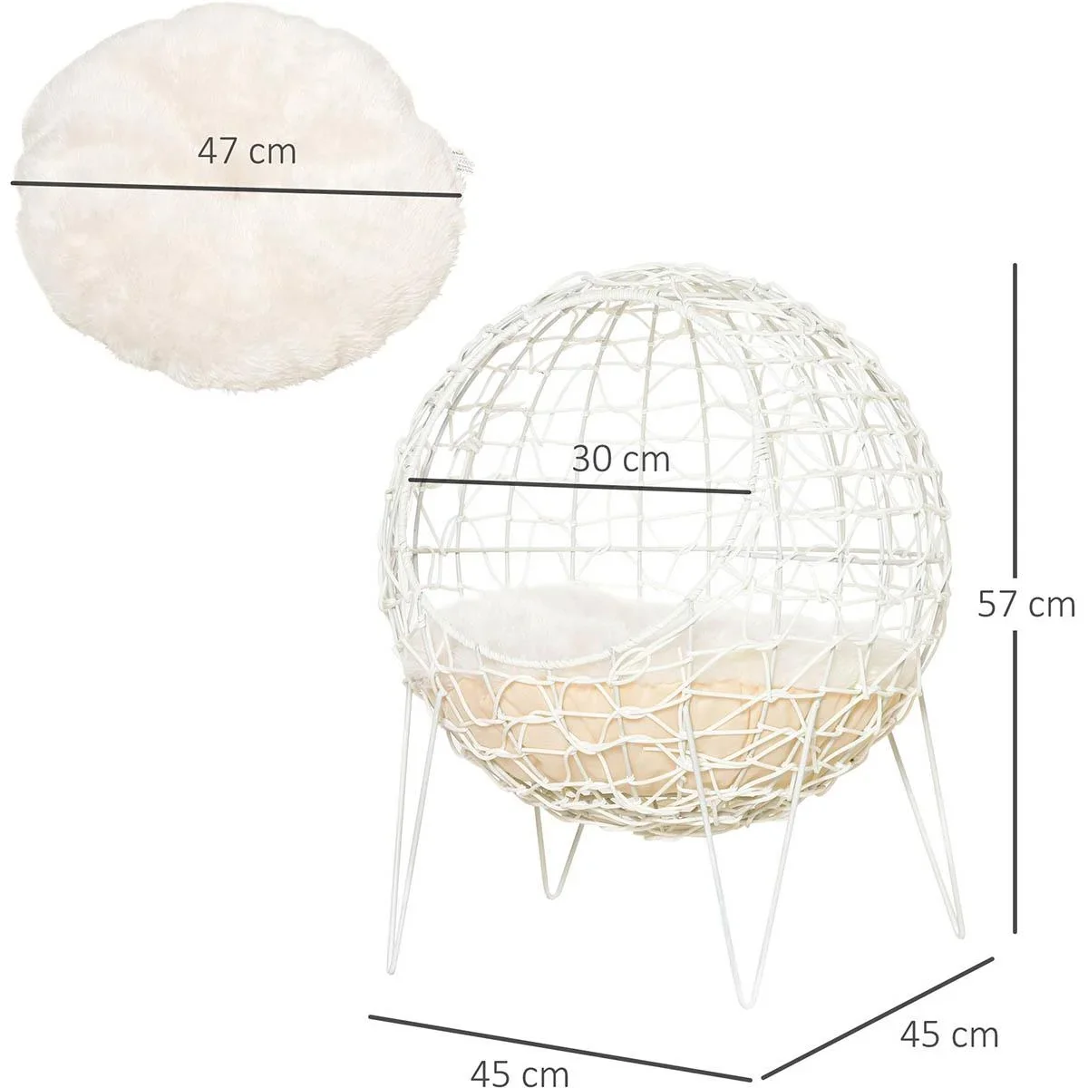 Rattan Katzenkorb Katzenhöhle Katzenhütte Katzenbett mit Kissen erhöhtes Design Haustierbett Cremeweiß Ø45 x 57H cm - 0