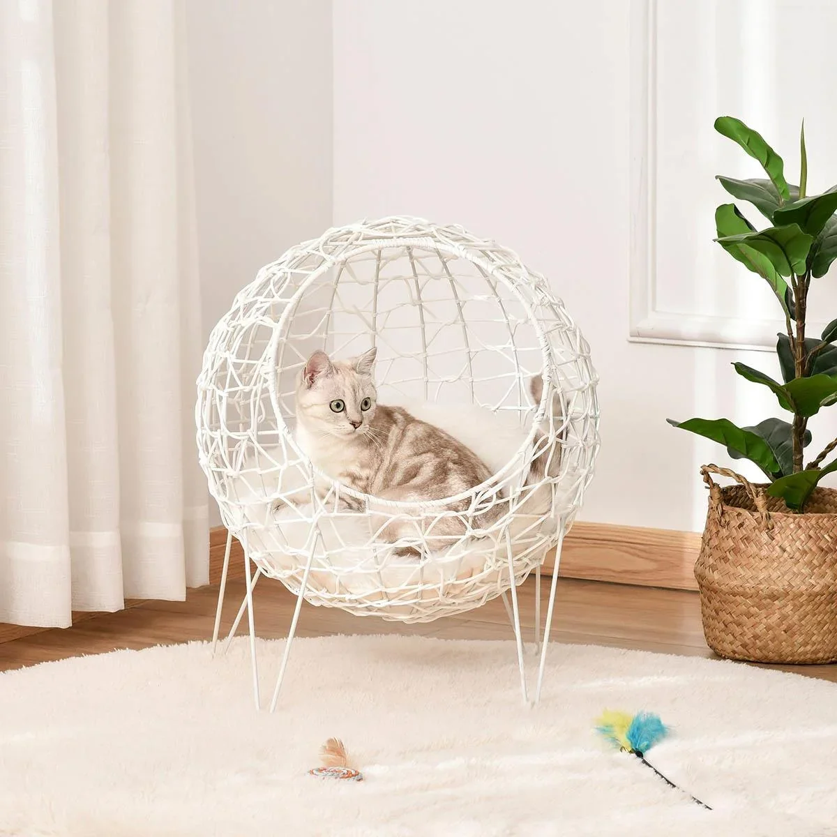 Rattan Katzenkorb Katzenhöhle Katzenhütte Katzenbett mit Kissen erhöhtes Design Haustierbett Cremeweiß Ø45 x 57H cm - 1