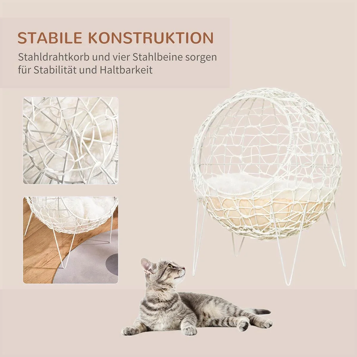 Rattan Katzenkorb Katzenhöhle Katzenhütte Katzenbett mit Kissen erhöhtes Design Haustierbett Cremeweiß Ø45 x 57H cm - 2