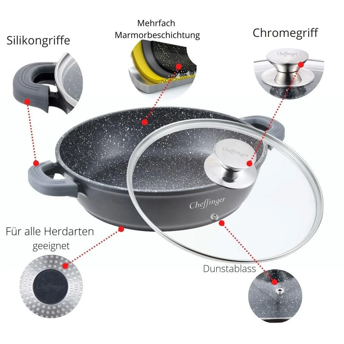 Cheffinger Schmortopf / Niedrige Pfanne / Serviertopf - Marmorbeschichtung - mit abnehmbaren Silikongriffen - SS - 24cm - 3