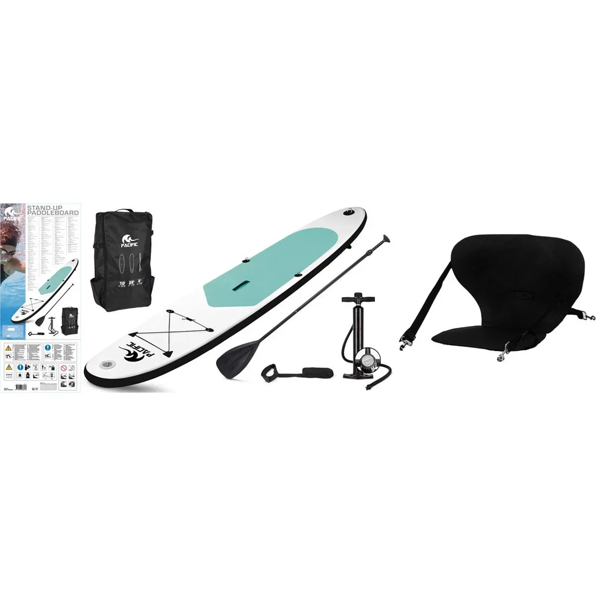 Pacific Special Edition SUP Board mit FREE SUP Chair - 305 cm - bis zu 100 kg - 6-teiliges Set- Weiß/Grün - Aufblasbar - 2