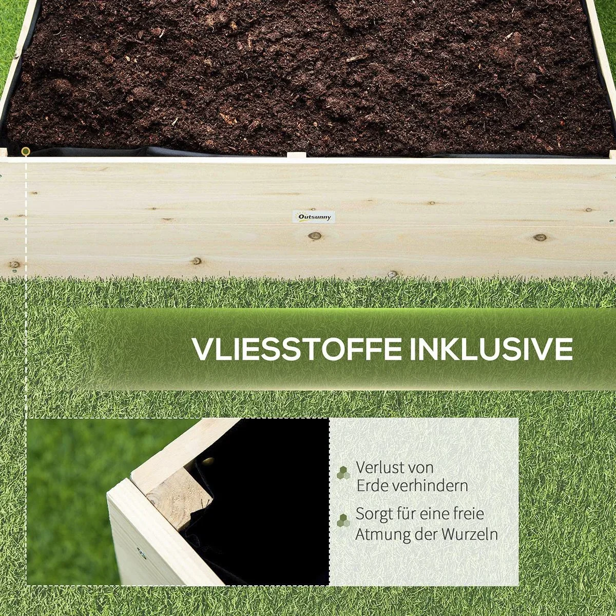 Hochbeet aus Holz Gartenbeet mit Vliesstoff Pflanzkübel Pflanzkasten Kräuterbeet für Balkon Garten Natur 117 x 117 x 30 - 0