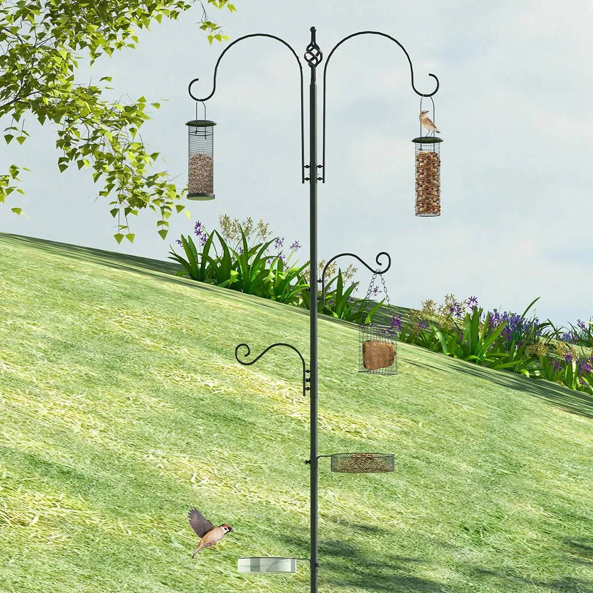 Vogel Futterstation Set aus Stahl Höhe 208 cm inkl. 4 Haken Vogeltränke Futterteller Vollständiges Futtersäulen Vogelfut - 0