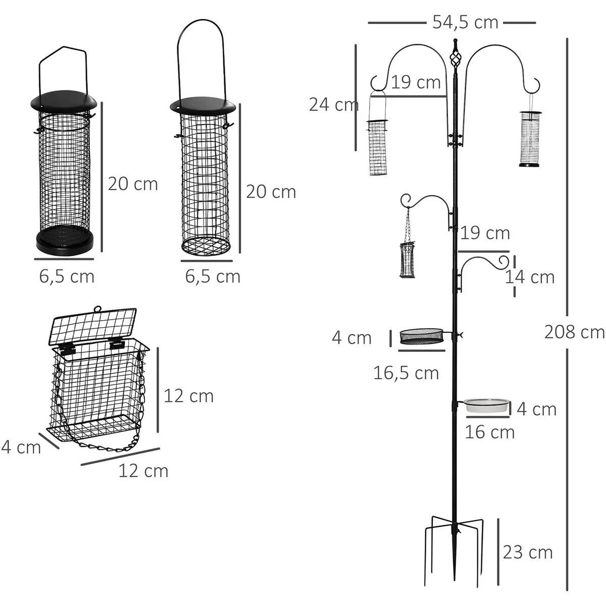Vogel Futterstation Set aus Stahl Höhe 208 cm inkl. 4 Haken Vogeltränke Futterteller Vollständiges Futtersäulen Vogelfut - 3