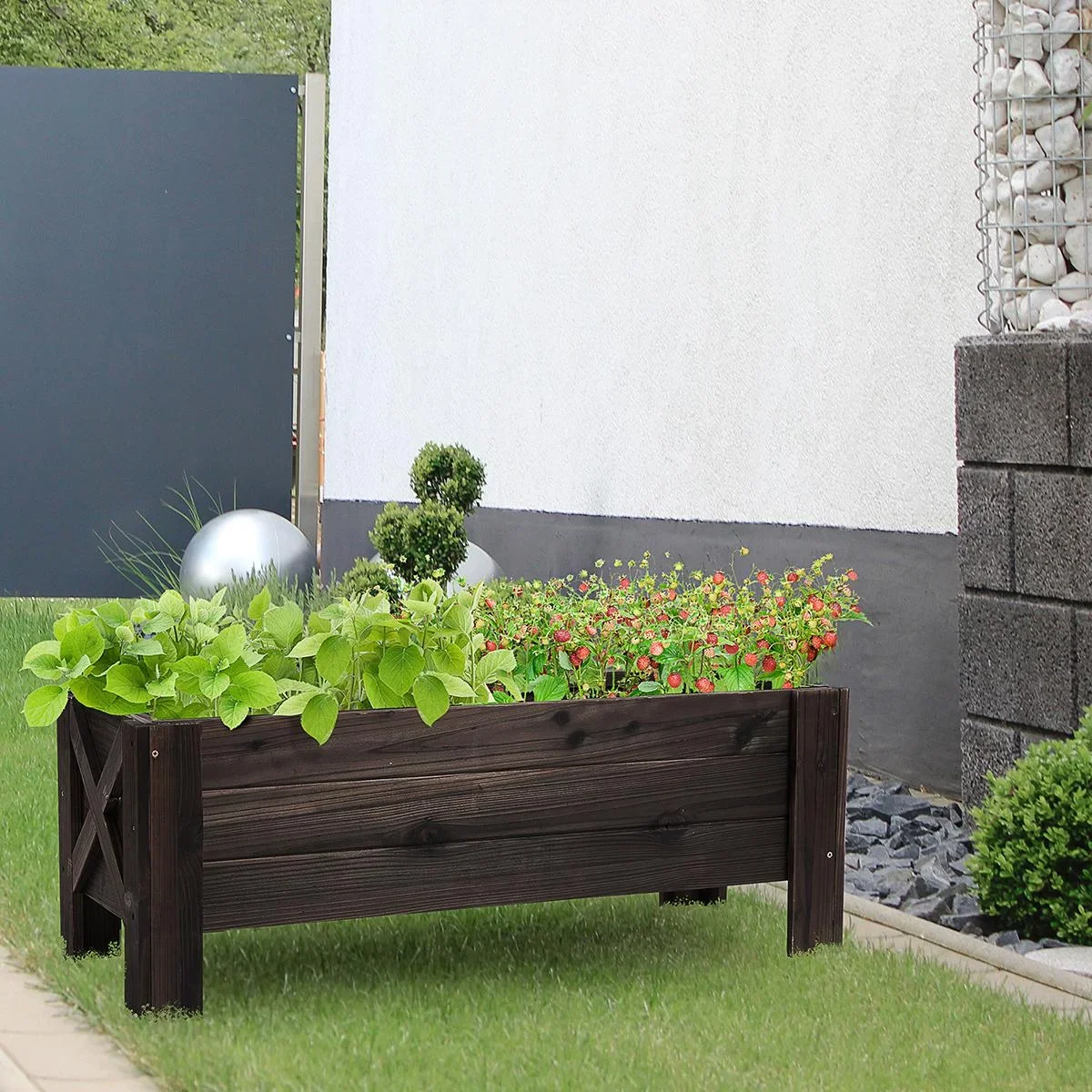Hochbeet mit Behandlung der Karbonisierung Pflanzkasten Pflanzfolie mit 2 Leckage-Löcher Tannenholz Verkohlt 100 x 36,5 - 2
