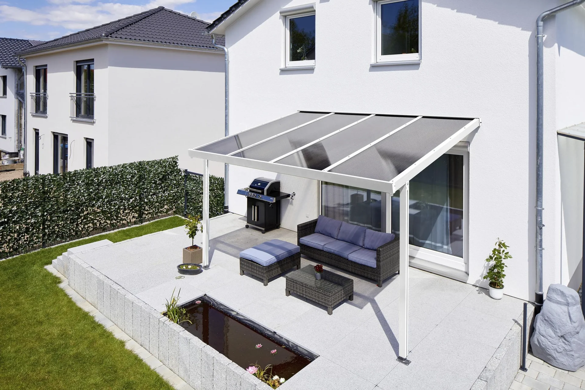 Terrassendach Premium, weiß, 4102 x 3060 mm - Polycarbonat Stegplatten 16 mm, bronze - 1