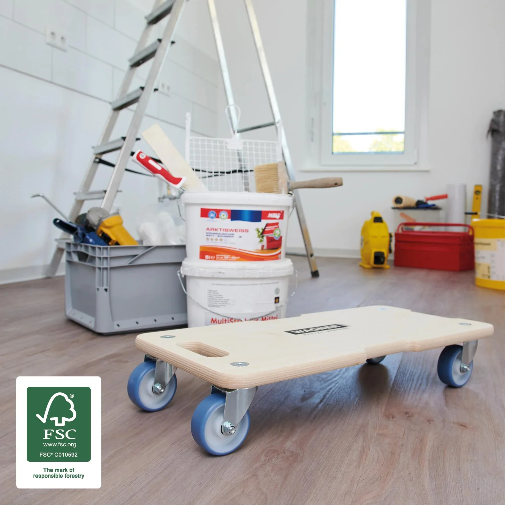 Transporthilfe MM 1325, 59 x 29 x 11 cm, softe Rollen Ø 75 mm, Rollenlager, Multiplex Birke FSC®, Tragkraft 300 kg - 0