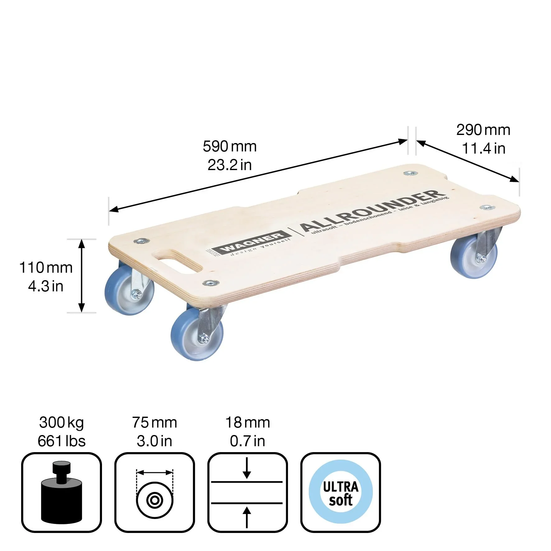 Transporthilfe MM 1325, 59 x 29 x 11 cm, softe Rollen Ø 75 mm, Rollenlager, Multiplex Birke FSC®, Tragkraft 300 kg - 1