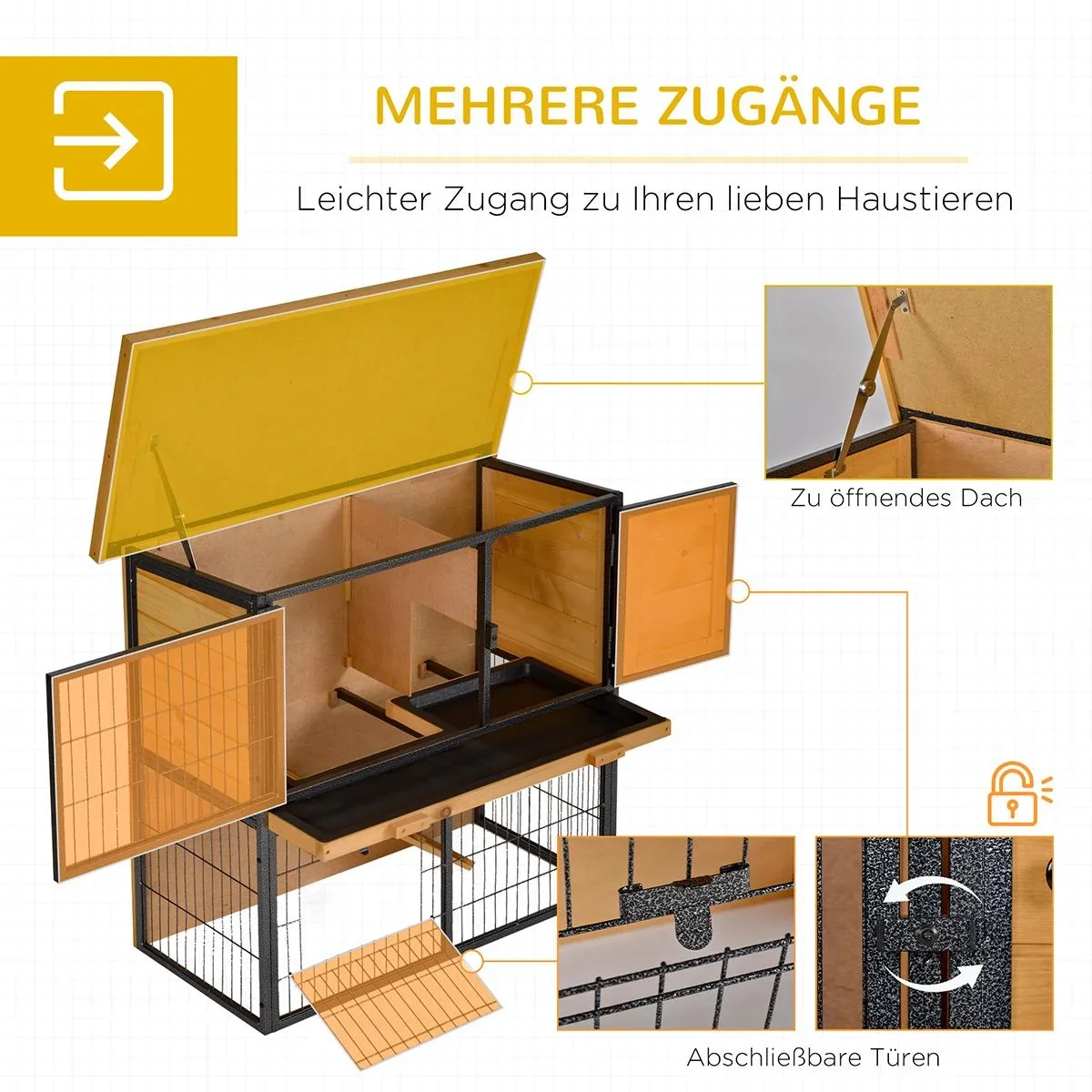 Kaninchenstall erhöhtes Haustier Haus Kaninchenkäfig mit verschließbare Tür Holz-Metall Hellgelb 89,5 x 45 x 81 cm - 0