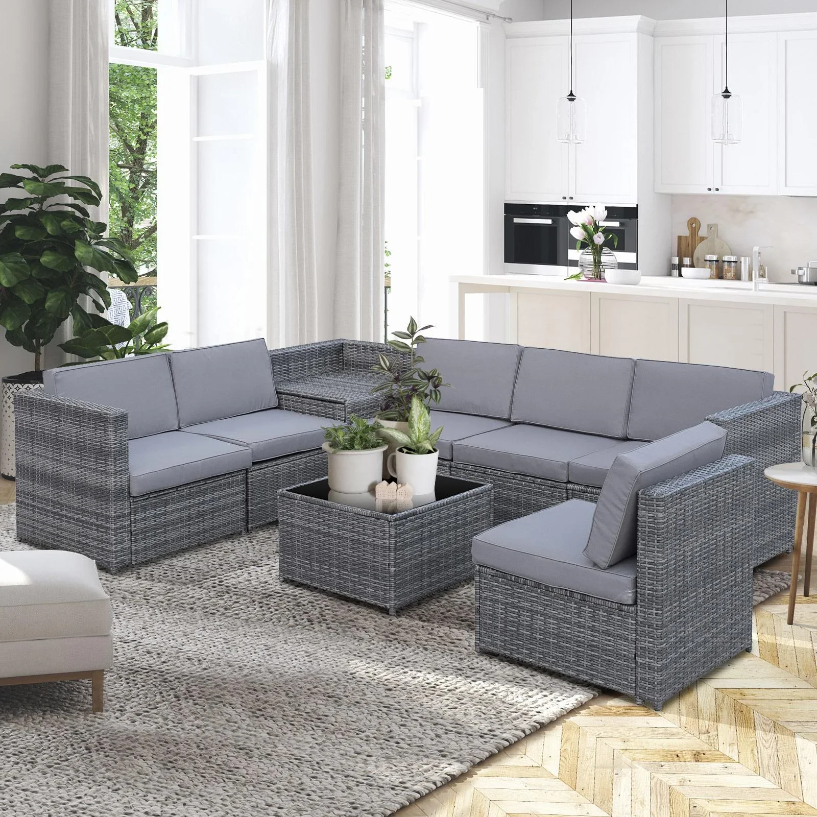 8-tlg, Polyrattan Gartengarnitur Gartenmöbel Garten-Set Sitzgruppe Loungemöbel Beistelltisch als Aufbewahrungskorb Grau - 5