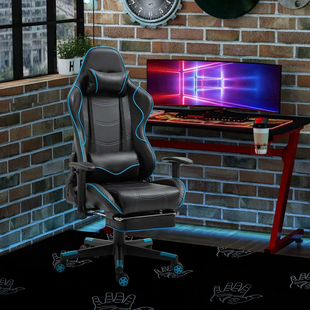 Gamingstuhl mit Kopfstütze Lendenkissen Bürostuhl mit Fußstütze höhenverstellbarer Schaumstoff Nylon Kunstleder Schwarz+ - 2