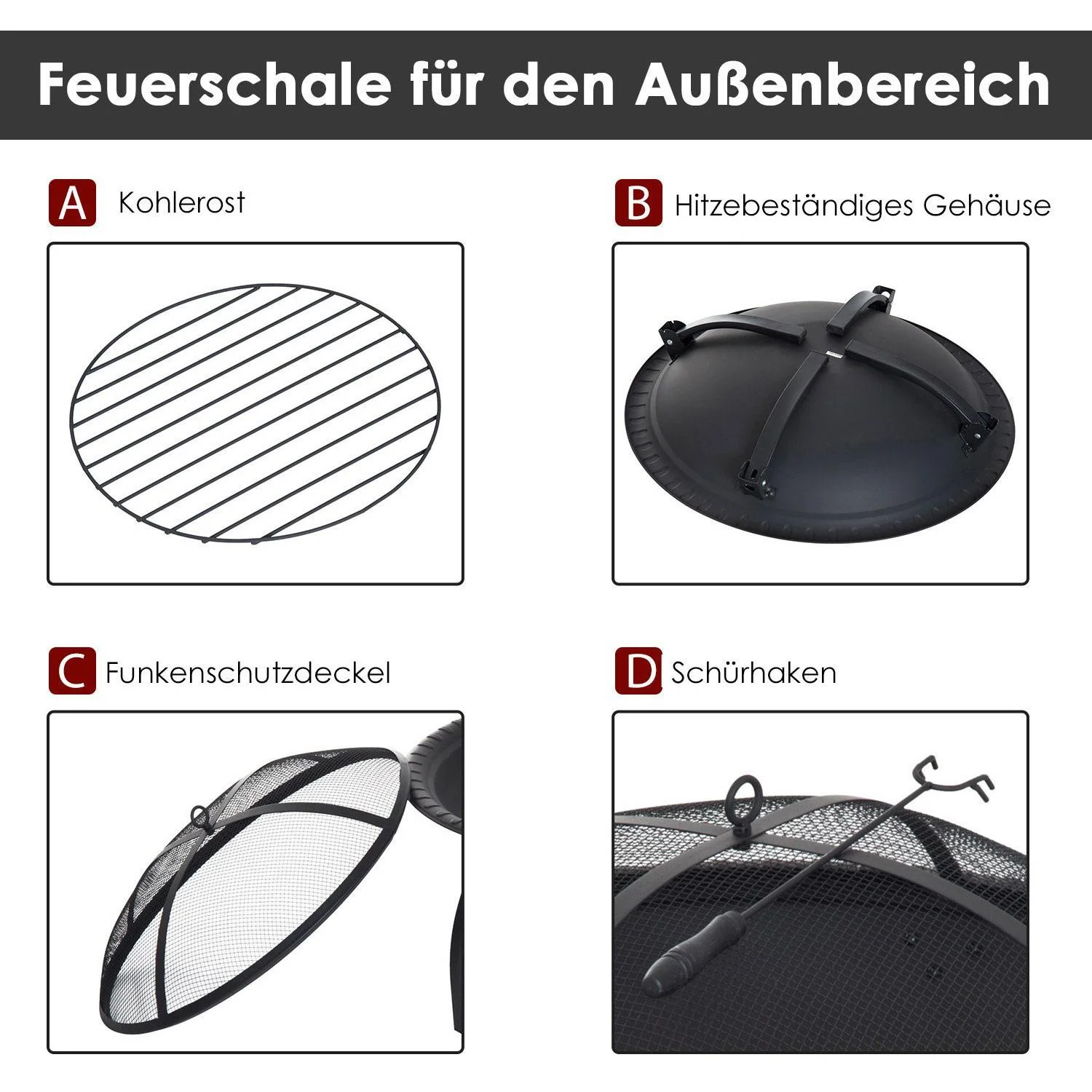 Feuerschale mit Funkenschutz klappbar 66cm Schwarz - 2
