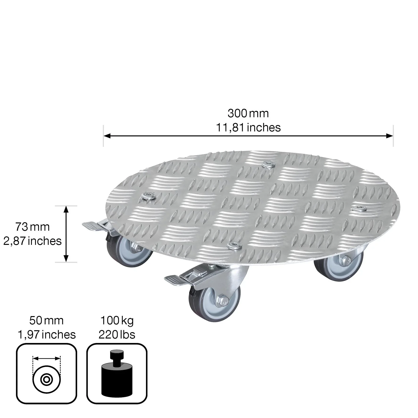 Multi Roller MR 7005, Ø 30 x 7,5 cm, softe Rollen Ø 50 mm, Gleitlager, 2 Bremsen, Alu Riffelblech, Tragkraft 100 kg - 1