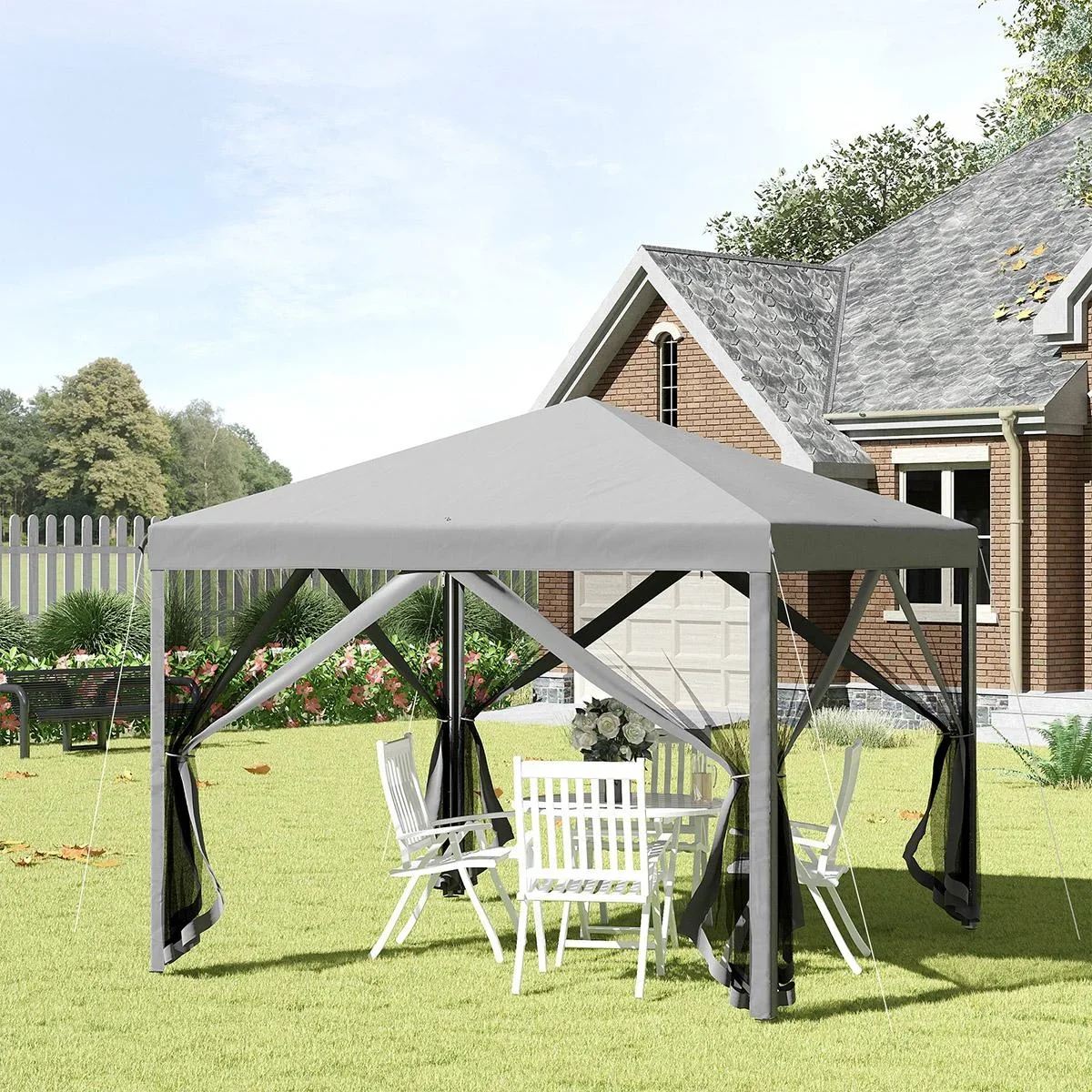 Faltpavillon Pavillon Faltzelt mit Seitenwänden inkl. Tragetasche Metall+Oxford Hellgrau+Schwarz 3x3m - 2