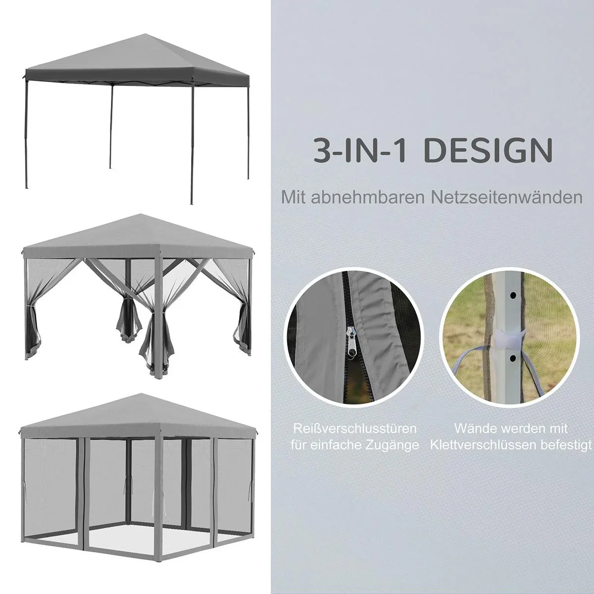 Faltpavillon Pavillon Faltzelt mit Seitenwänden inkl. Tragetasche Metall+Oxford Hellgrau+Schwarz 3x3m - 4
