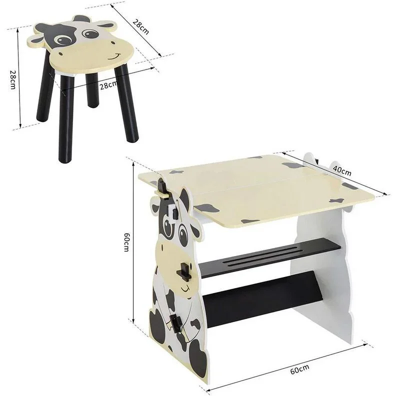 Kindermaltisch Schreibtisch Kinder Tisch Stuhl Spieltisch Kuh mit Tafel 60x40x60cm - 2