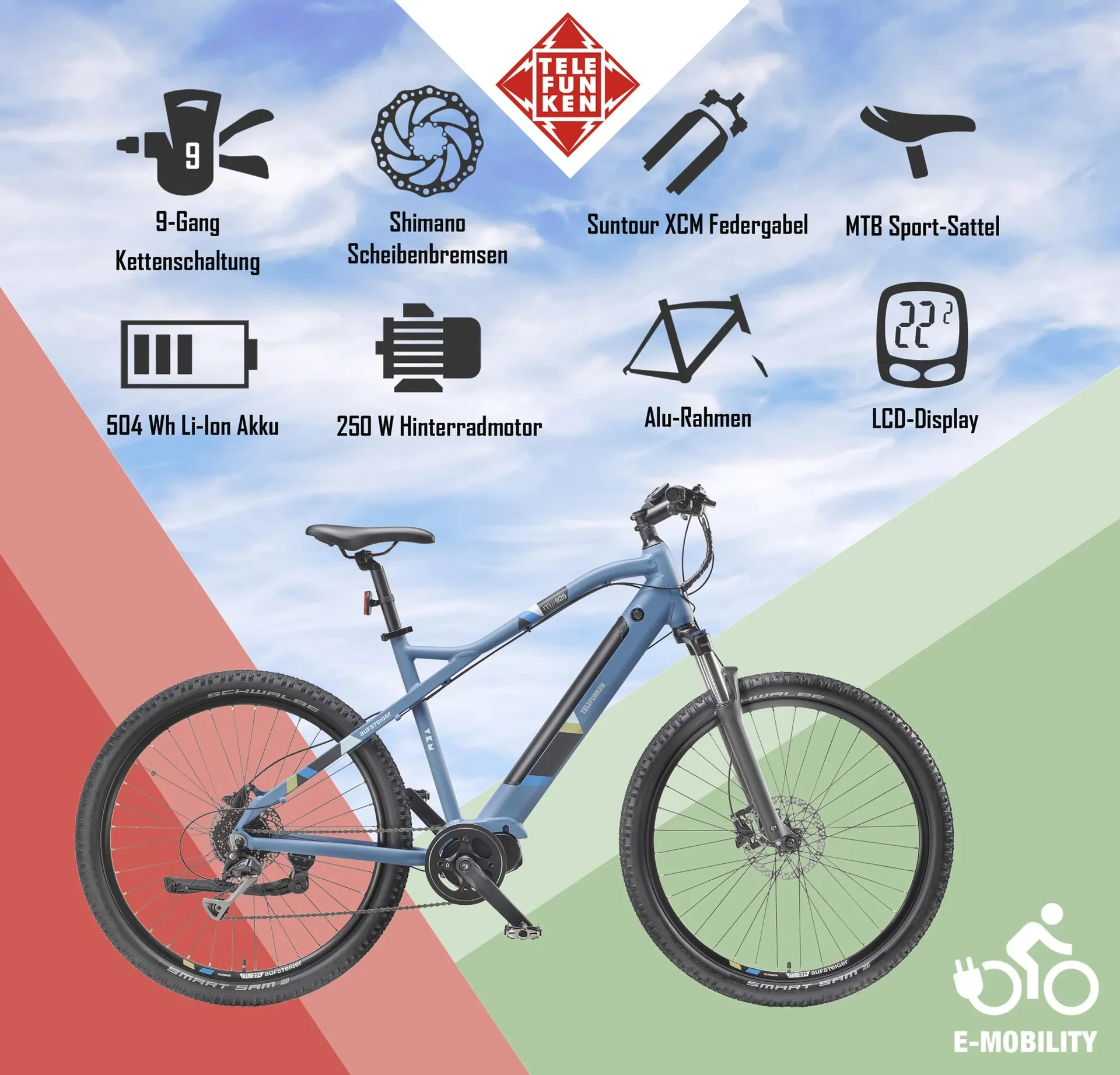 Unisex Alu MTB E-Bike, 29 Zoll, 8-Gang Kettenschaltung, blau, Aufsteiger M925 Hardtail - 4