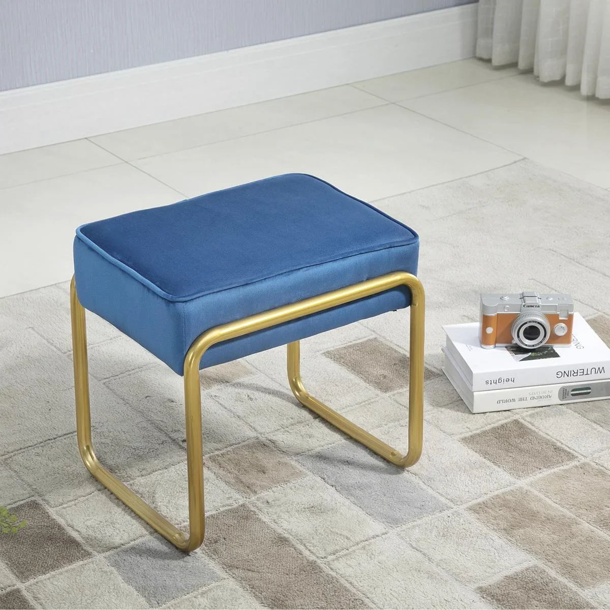 Fußhocker Polsterhocker mit Goldsockel für Wohnzimmer Schlafzimmer Fußauflage Samt-Touch modern Schaumstoff Stahl Blau+G - 1