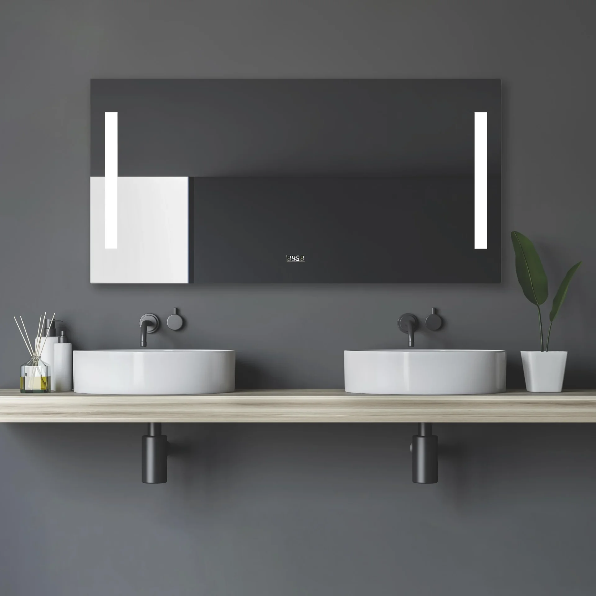 Badezimmerspiegel mit Beleuchtung, "Star" - 120 x 60 cm - Lichtfarbe neutralweiß - Digitaluhr - 5