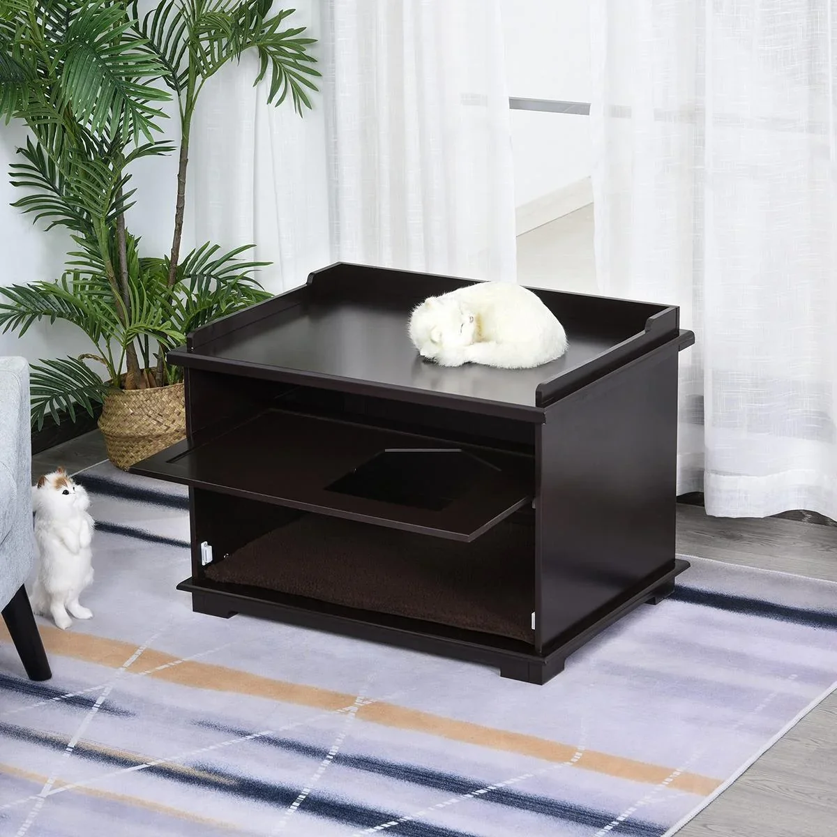 Katzentoilette, Katzenklo, Katzenhaus, Katzenschrank für Katzenbett mit Drehtür, MDF, Braun, 74 x 54 x 53 cm - 0