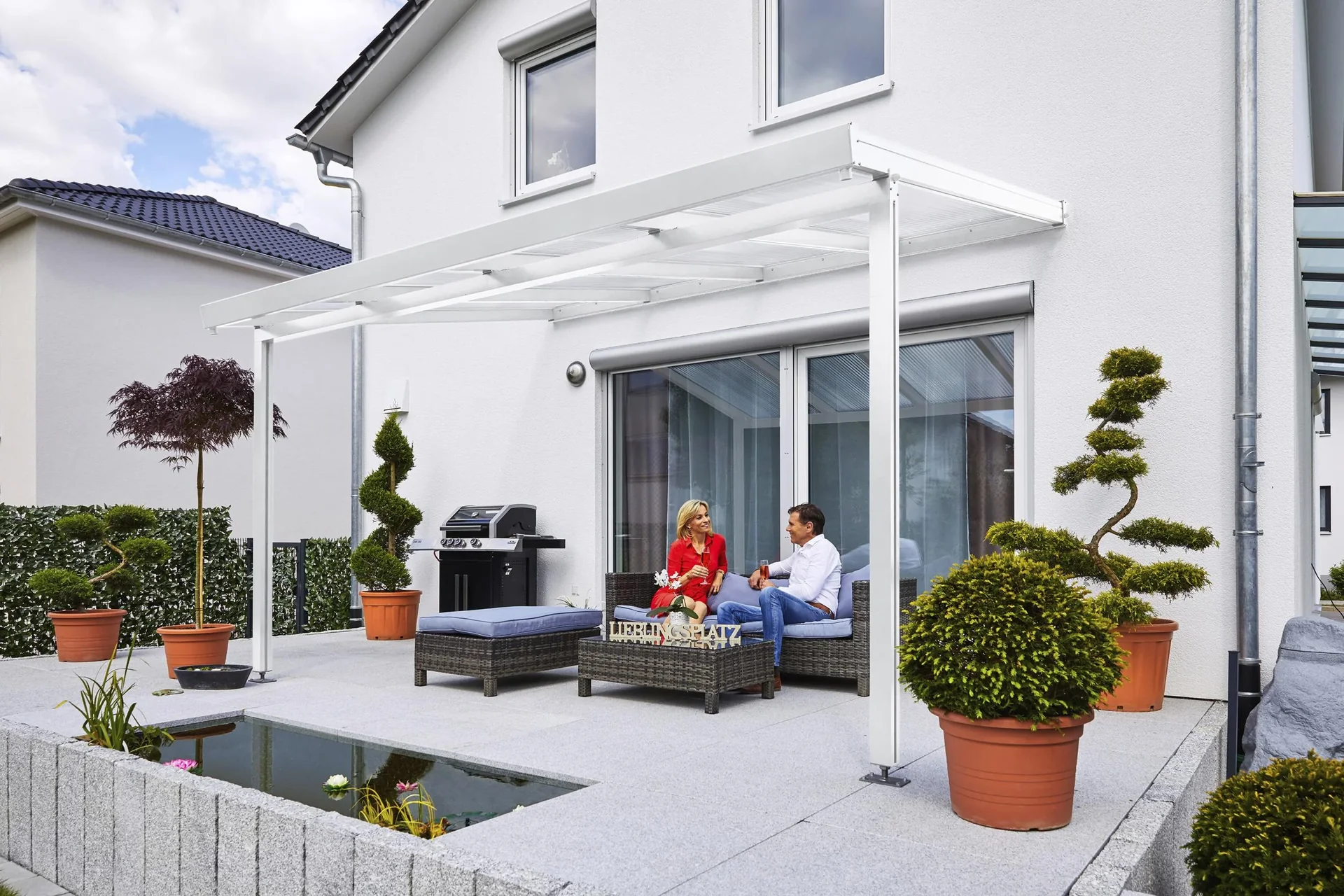 Terrassendach Premium, weiß, 4102 x 3060 mm - Polycarbonat Stegplatten 16 mm, weiß gestreift - 1