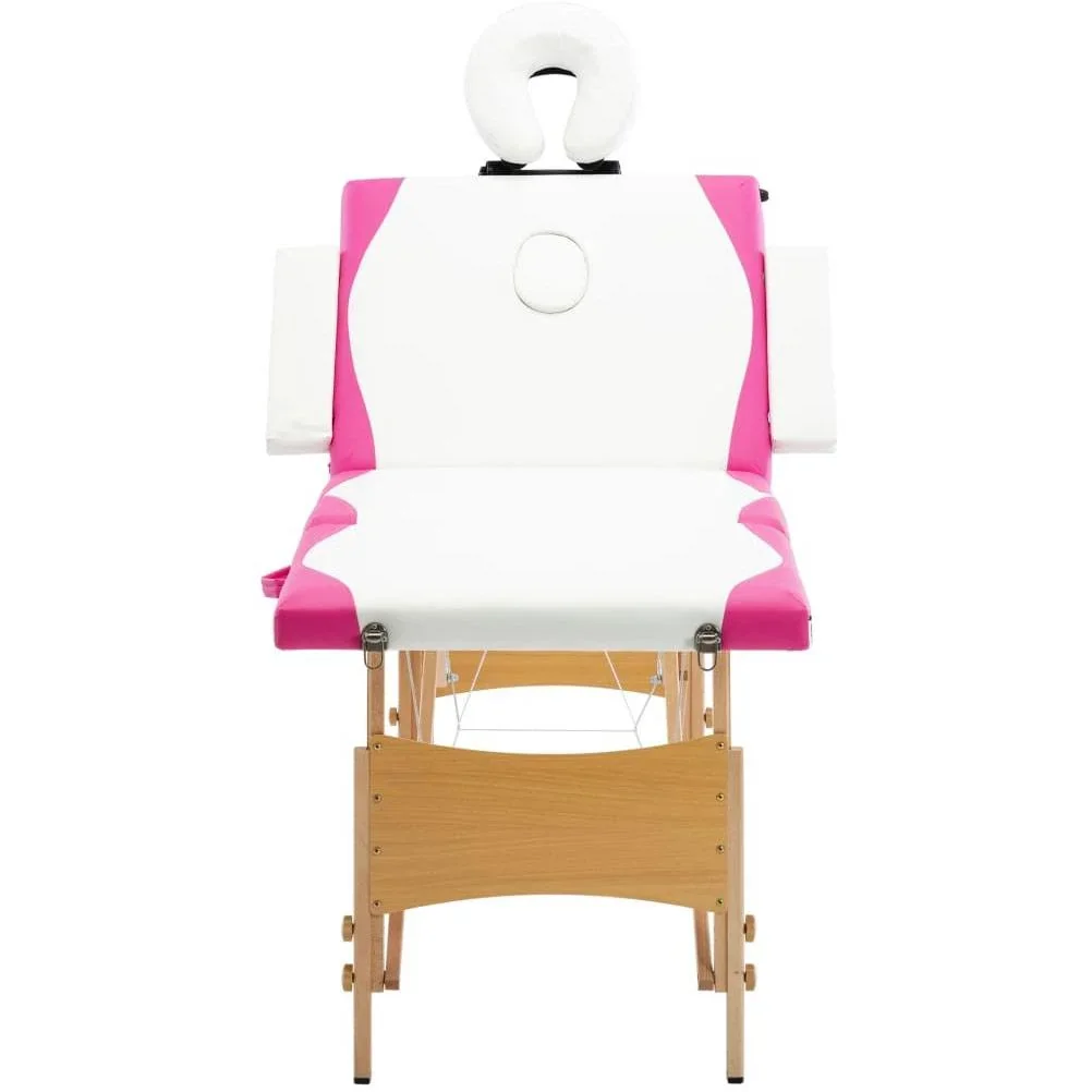 Klappbarer Massagetisch 4 Zonen Holz weiß und rosa - 1