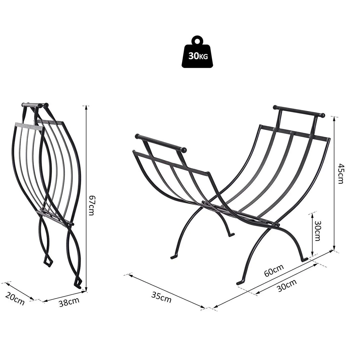 Kaminholzregal Brennholzregal Feuerholzregal Kaminholzhalter Holzablage Metall 30kg belastbar Schwarz 60 x 35 x 45 cm - 2