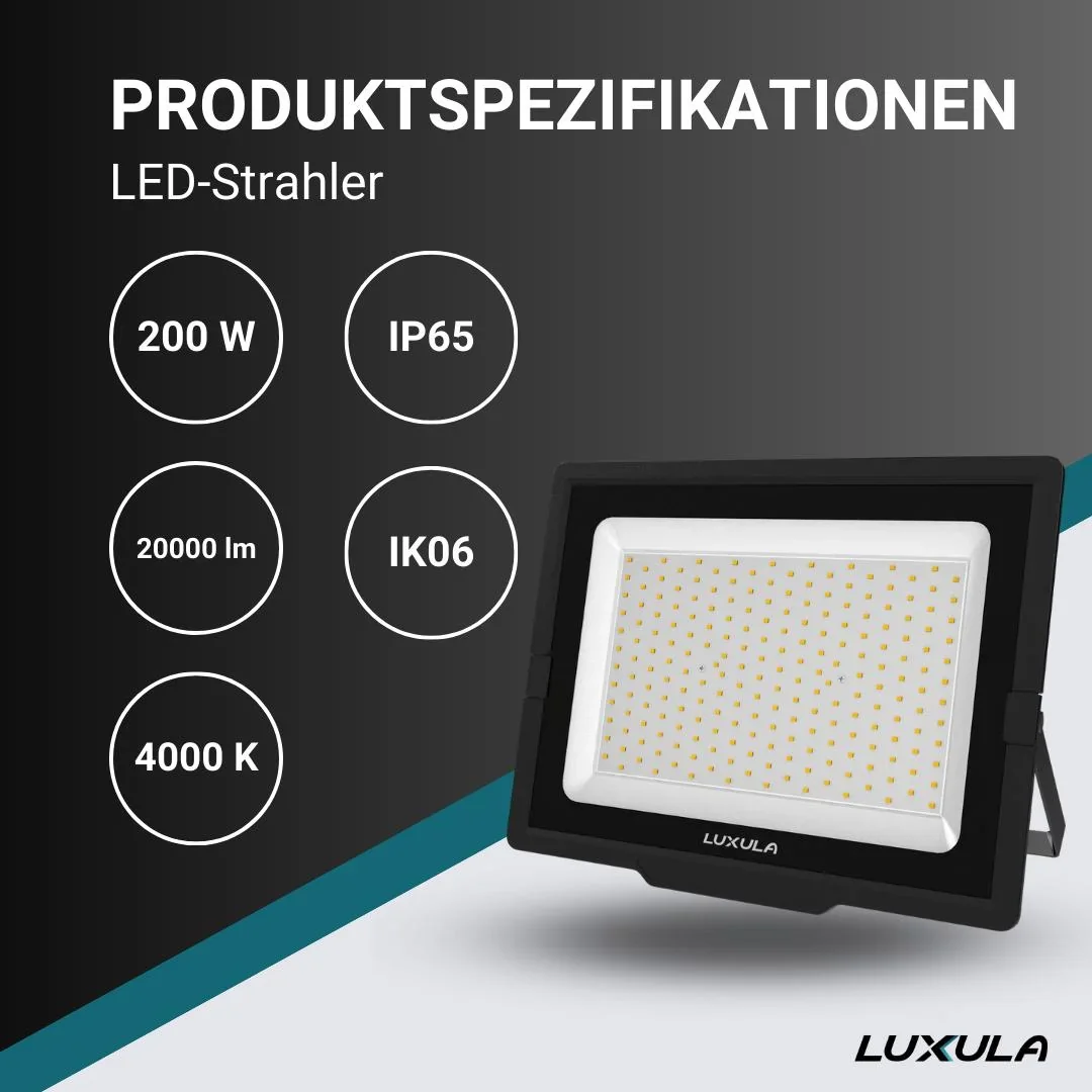 LED-Fluter in schwarz bietet 200 W, 4000 K (neutralweiß), 20000 lm & IP65 Schutz - 0