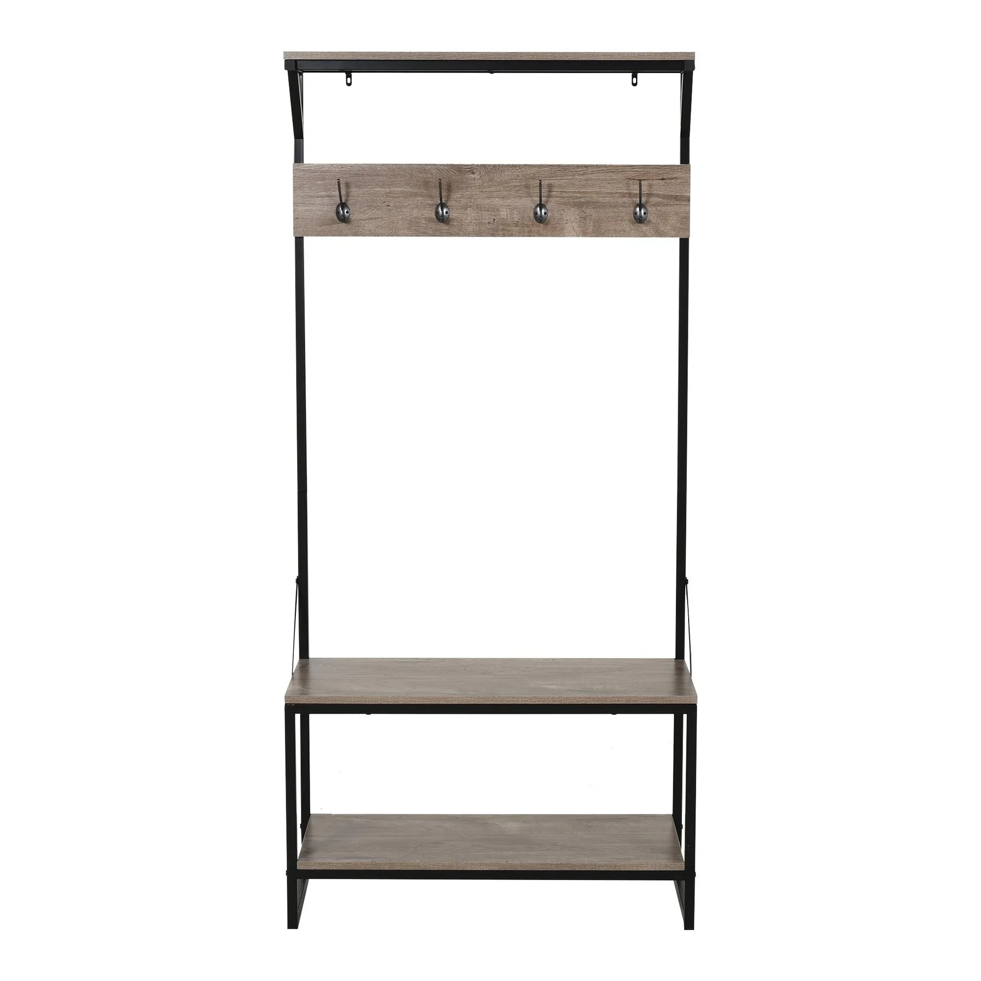 Garderobe mit 4 Haken und Schuhablage, natur - 0