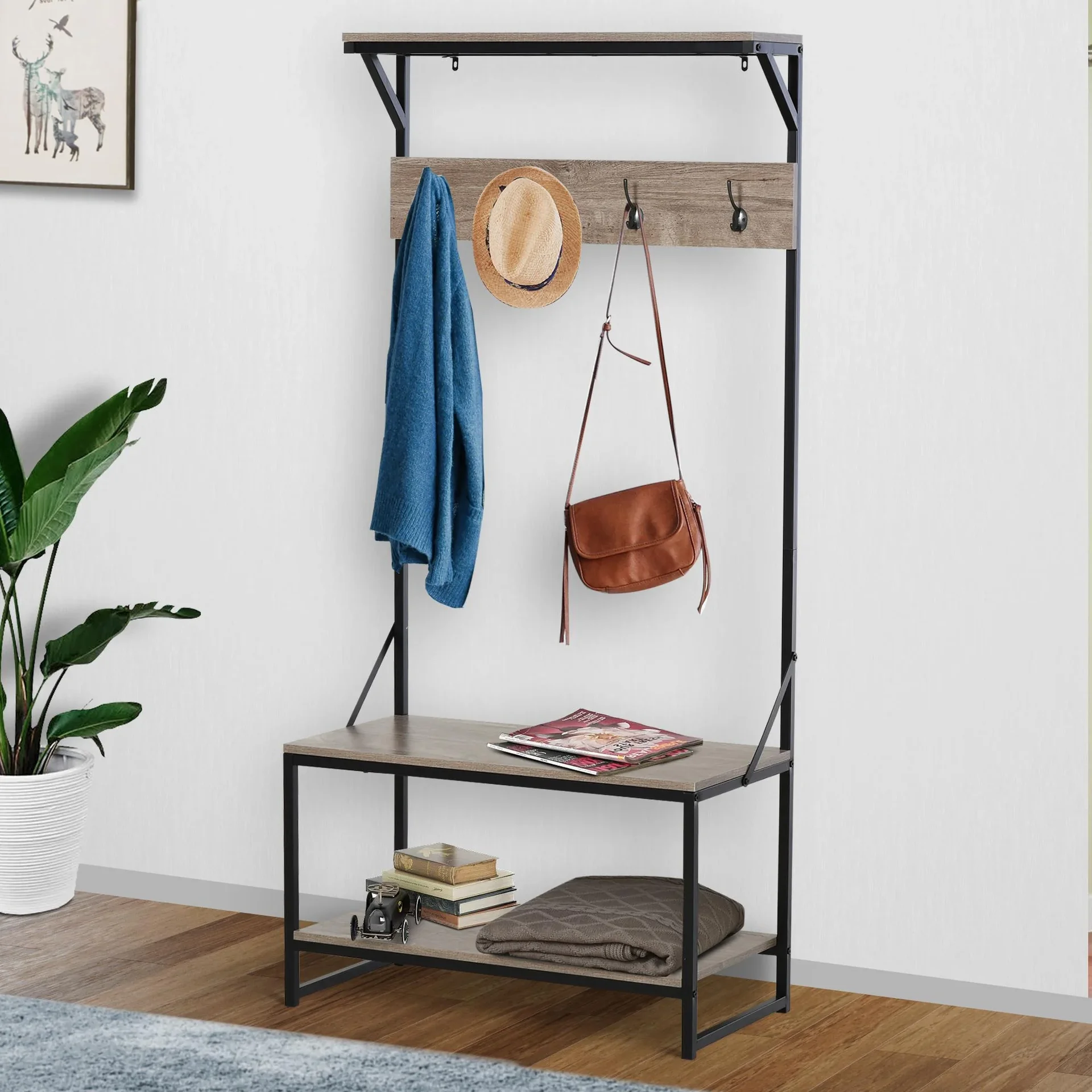 Garderobe mit 4 Haken und Schuhablage, natur - 4