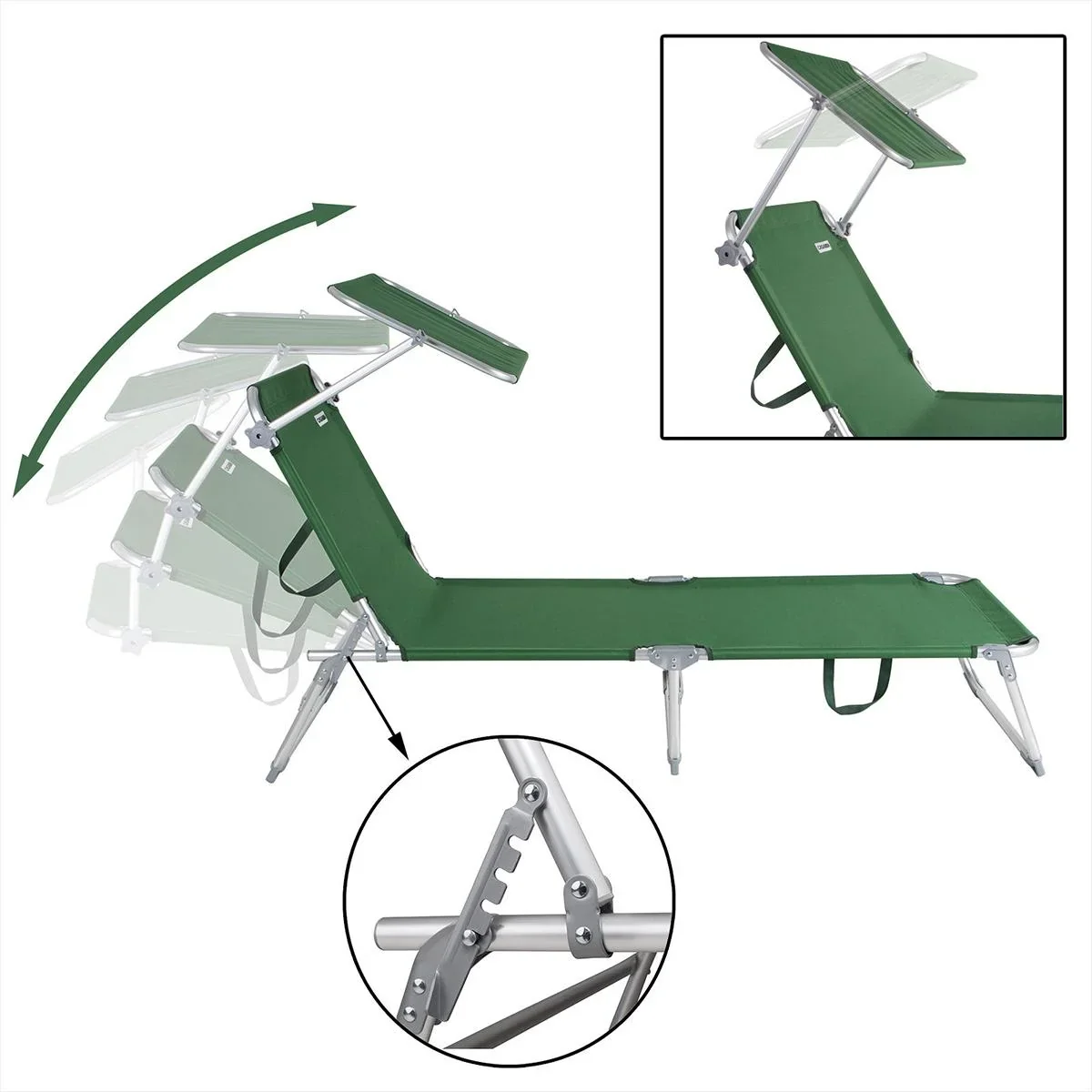 Liegestuhl 'Ibiza' mit Schiebedach aluminiumgrün 190 x 59 x 29cm - 0