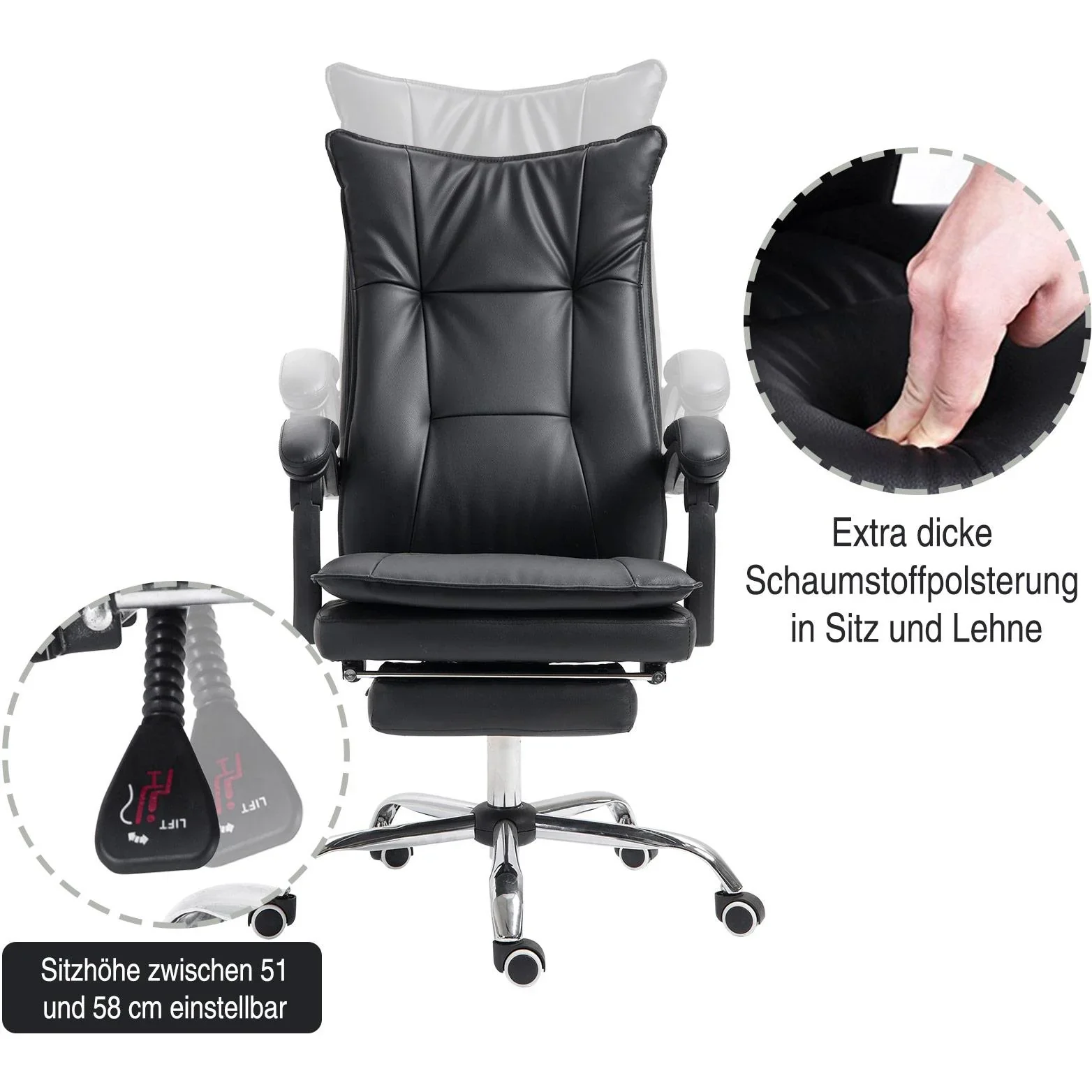 Chefsessel Bürosessel Bürostuhl Schreibtischsessel höhenverstellbar ergonomisch Schwarz 70 x 64 x (106 113) cm - 3