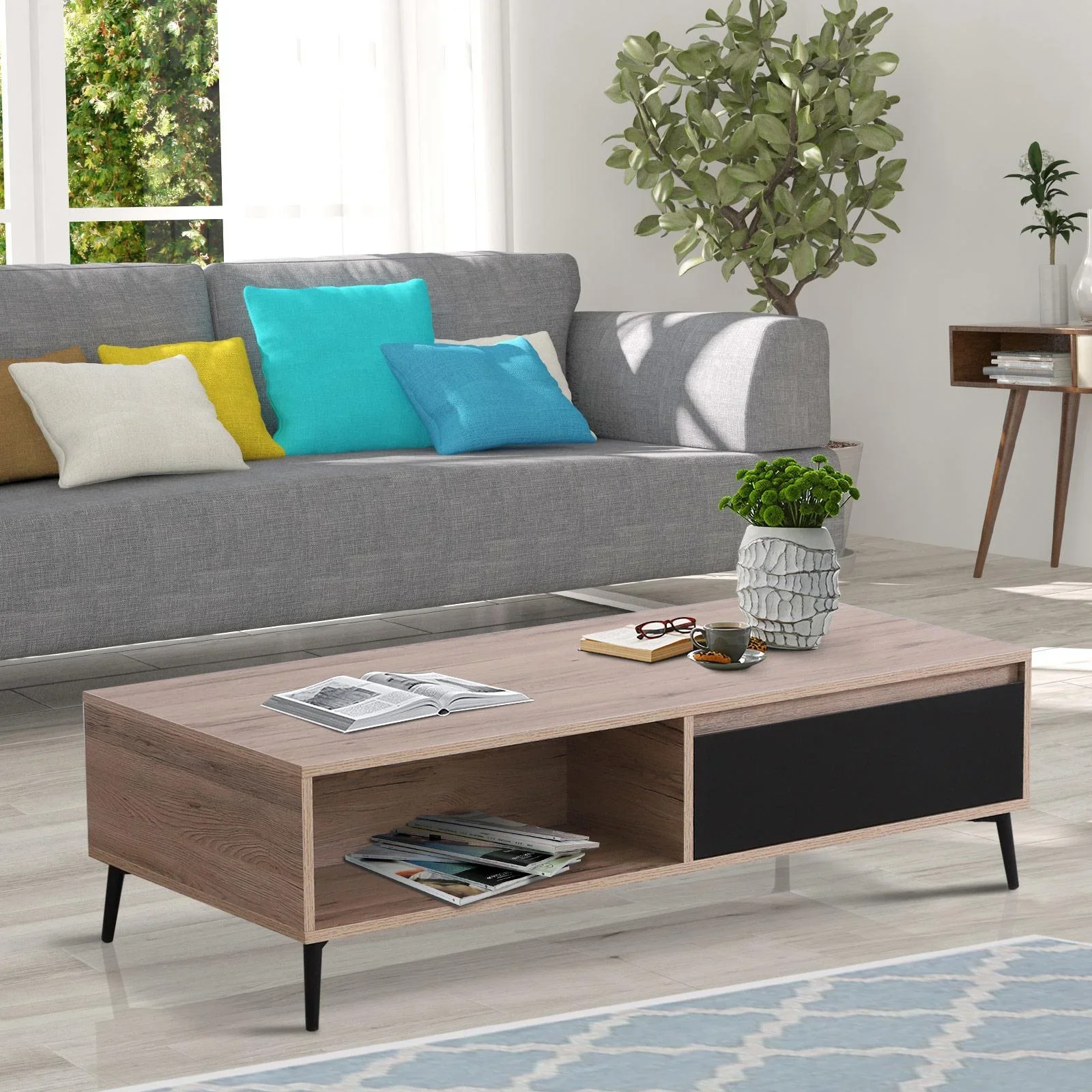 Couchtisch Beistelltisch Sofatisch Fernsehtisch Kaffeetisch 2 x Schublade 2 x Ablage Holz 120 x 56 x 35 cm - 0