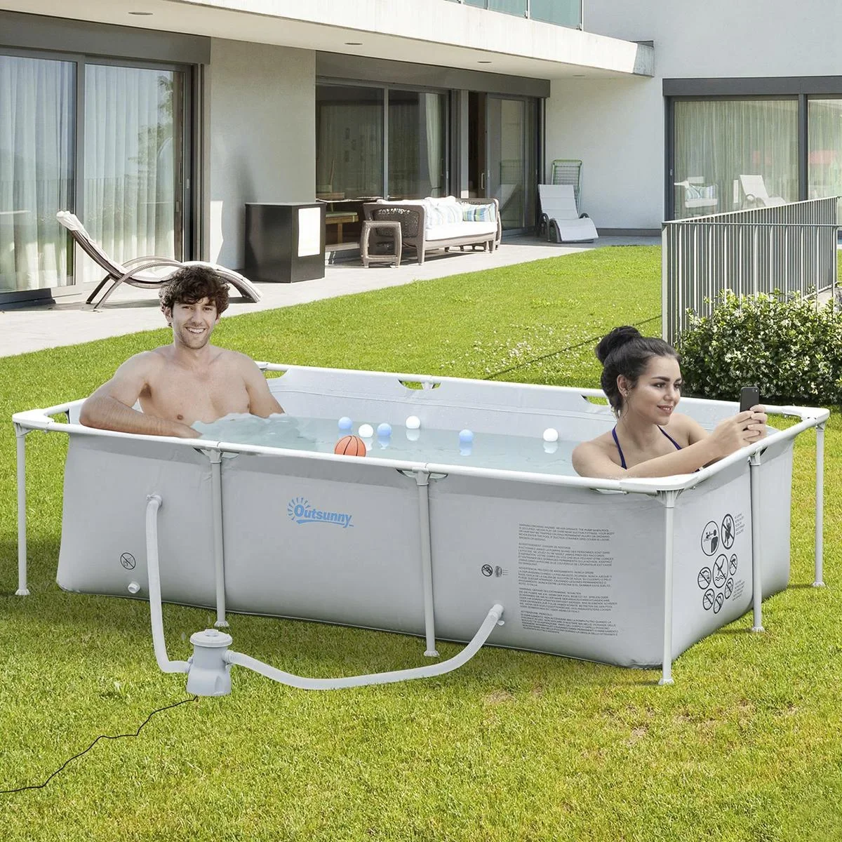 Rahmenpool mit Schlauch Draht Swimmingpool Schwimmbad Ablassventil für sauberen Wasser 1000D PVC Stahl Grau 252 x 152 x - 1