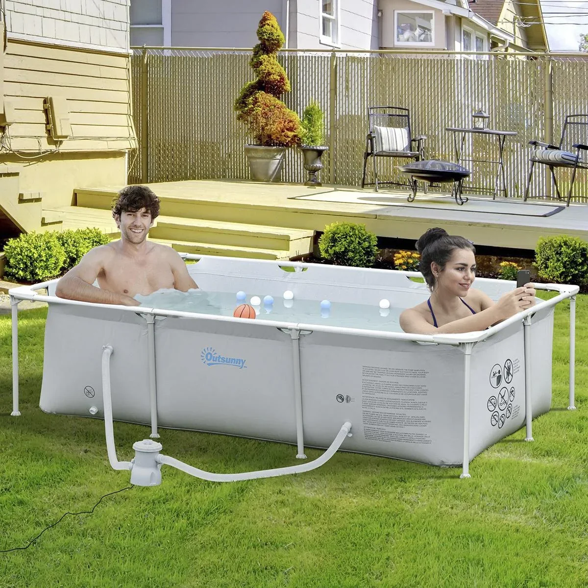 Rahmenpool mit Schlauch Draht Swimmingpool Schwimmbad Ablassventil für sauberen Wasser 1000D PVC Stahl Grau 252 x 152 x - 2