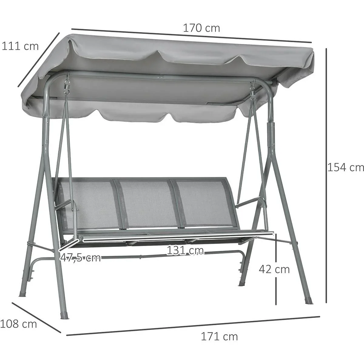 Hollywoodschaukel 3-Sitzer mit Dach Metall Grau+Silber 170 x 110 x 153 cm - 0